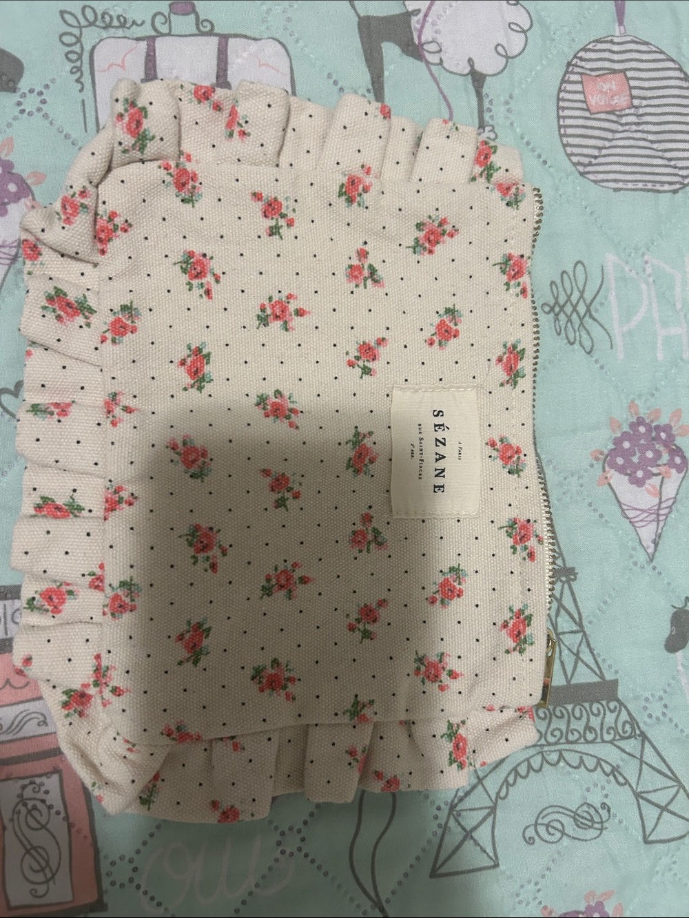 Sezane Floral Cream Cosmetic Pouch with Pink Rose Print